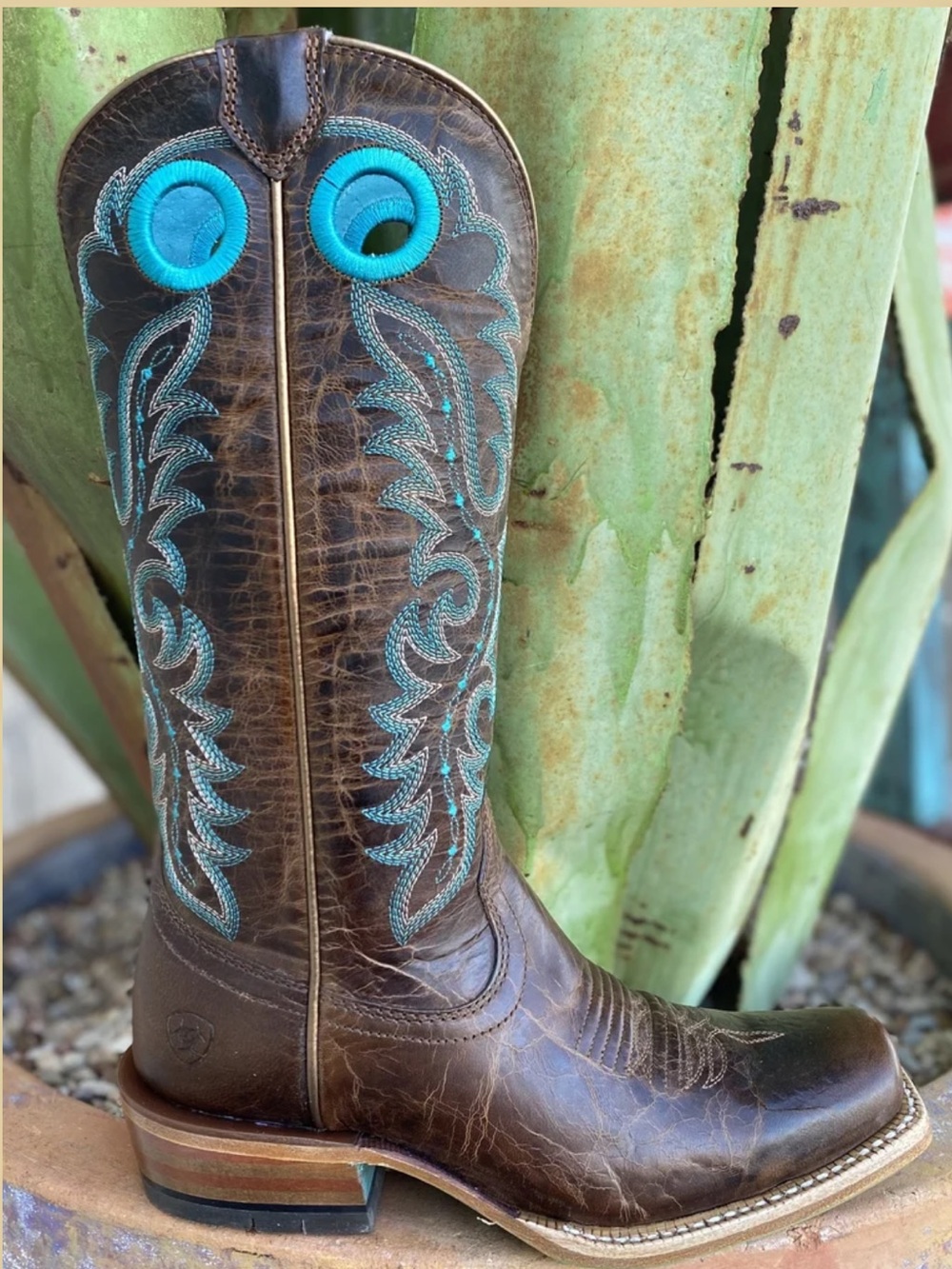 Ariat Brown Leather Western Boots with Turquoise Stitching